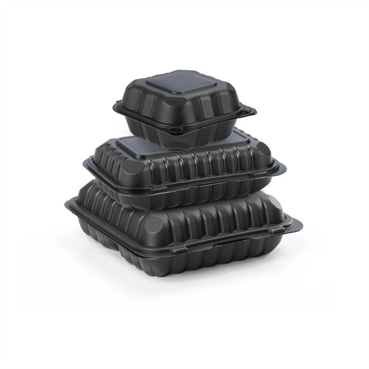 Black Clamshell Meal Microwavable To Go Takeaway Disposable Three Compartment Plastic 9x9 Food Containers