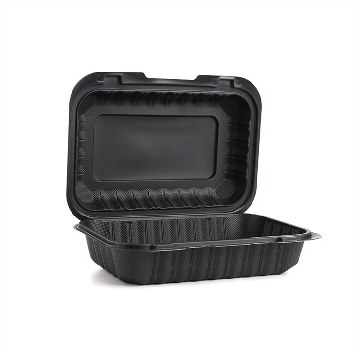 Plastic PP Hinged Lid Containers Black Rectangular Plastic Lunch Boxes Meal Prep Disposable Plastic Takeout Food Containers